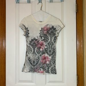 Tan, floral/paisley design, short sleeve T-shirt, size M